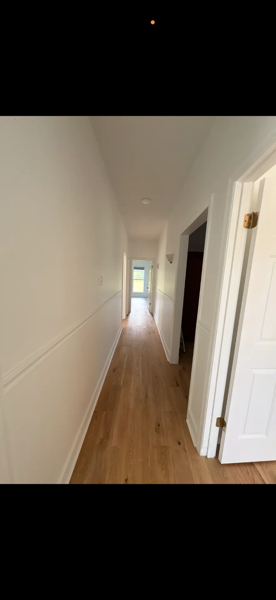 Remodeled hallway with hardwood flooring, wainscot trim and freshly painted walls