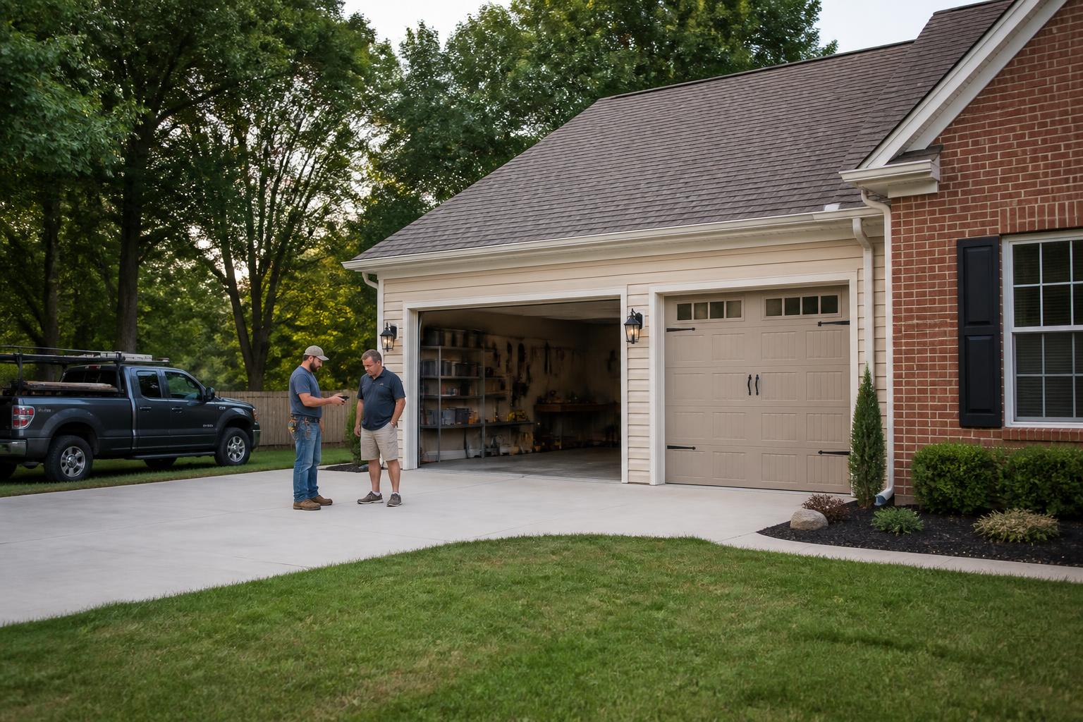 Completed two-bay garage addition matched to an existing North Alabama home